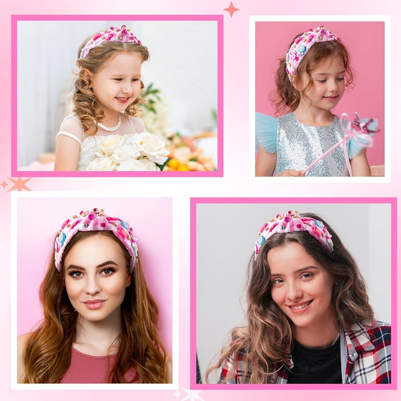 PANTIDE Candy Jeweled Knotted Headband - Christmas Sugar Lollipop Rhinestone Crystal Embellished Preppy Headband Wide Top Knot Hairband Hair Accessories Birthday Gift for Women Girls (Pink Plaid) - Image 5